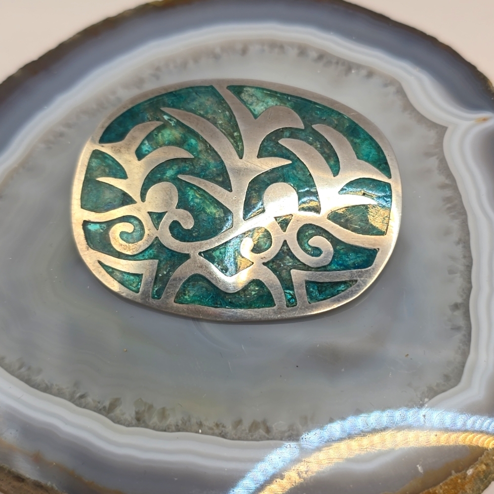 Taxco Turquoise Inlaid Mexico 925 Signed PC Pedro Castillo Vintage Brooch